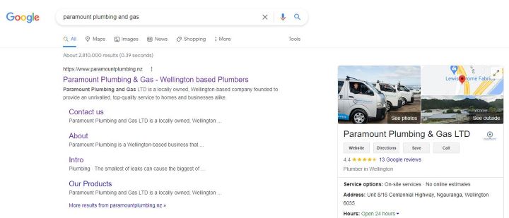 Paramount plumbing Google business profile showing page title