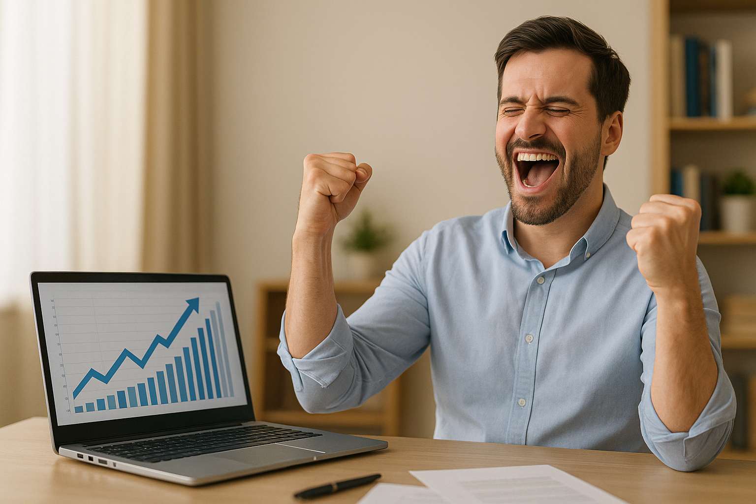 A man celebrating SEO success at home office with upward graph on laptop, symbolising trust and visibility from professional directories.