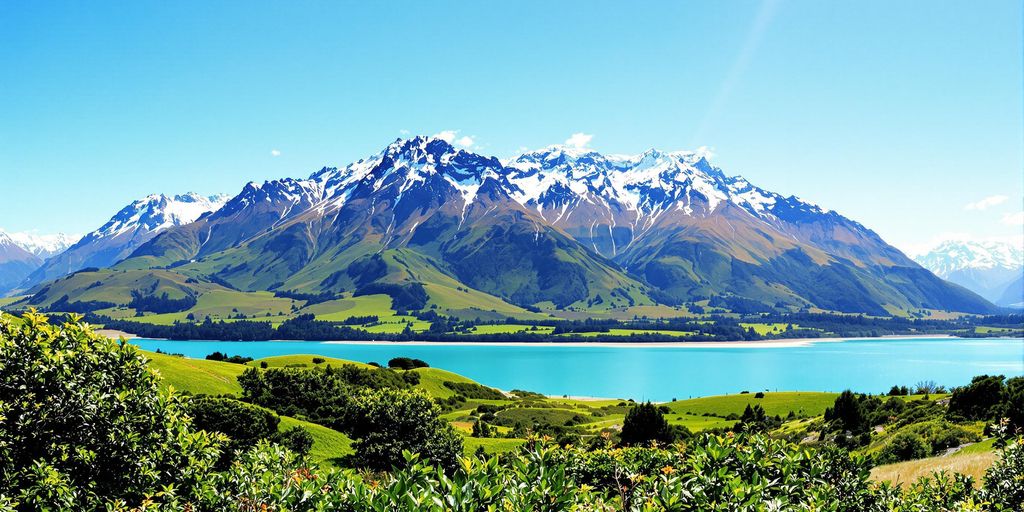 Lush New Zealand landscape with mountains, clear water.