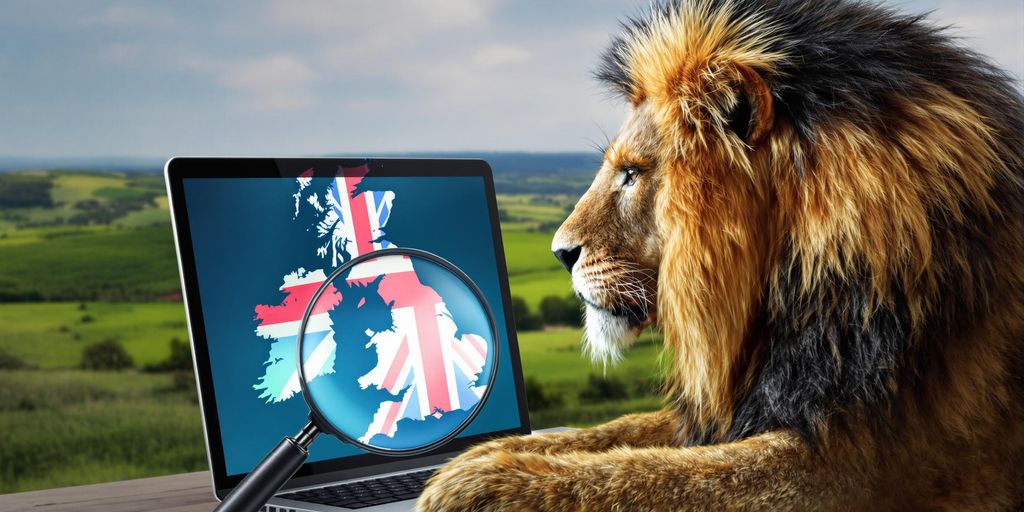 Lion, Union Jack, magnifying glass, computer screen, UK map.