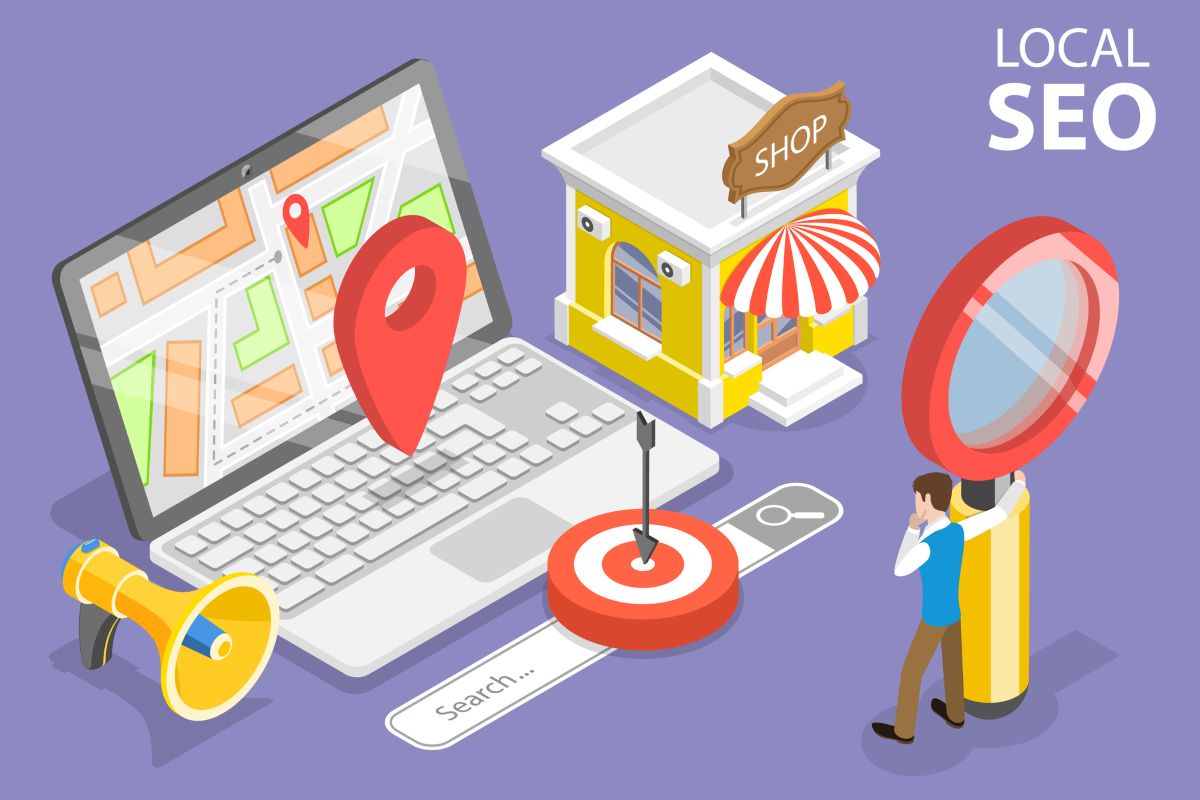 An illustration showing local SEO concept with a shop, laptop map with location pin, search bar, target, and magnifying glass representing how businesses appear in local search results.